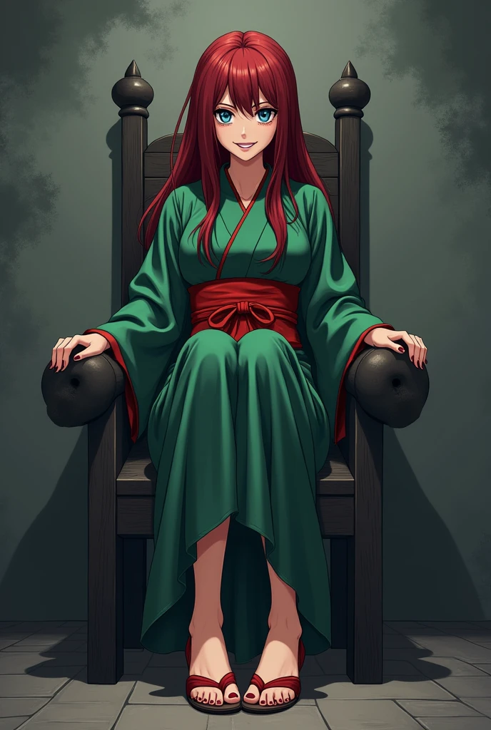 The image is anime style with shadows and dim lights, anime style although somewhat adult and dark, It shows a 40-year-old adult woman with blue eyes and wearing a beautiful oversized green and red yukata.; He also wears sandals. She has very long and loose hair., dark red, with a face that shows a malevolent smile with malice, The background of the image is a grey wall. is beautiful, but he seems psychopathic and calculating. You are sitting on a kind of throne,