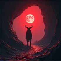 

Dark cave with satanic pentagrams in the corners. 
Little Red Moon Satanic Goat 