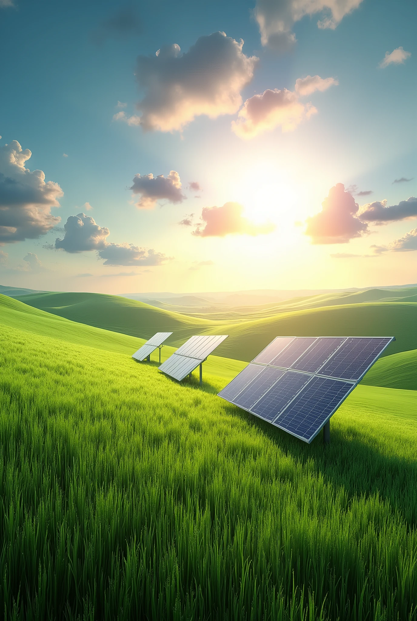 solar panels on a green grassland