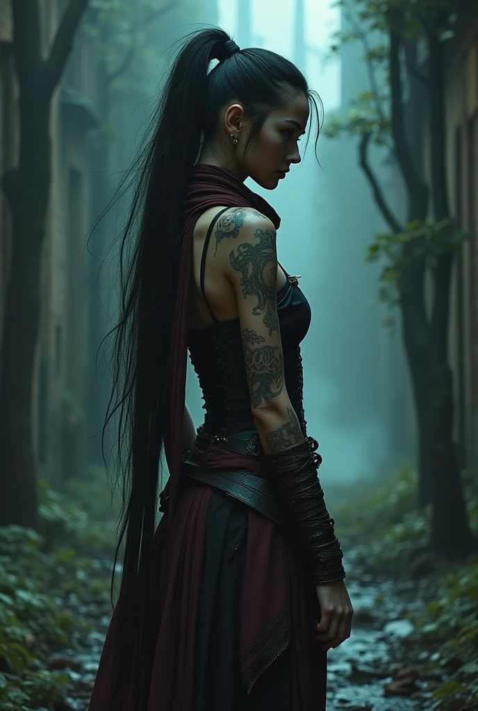 night, very dimly lit, highly detailed, intricate, random view angle, skinny female warrior, extensively tattooed with runes, confidence, asserted, lost in thoughts, exhausted, disappointed, fantasy futuristic mixed setting, extremely long voluminous hair, extremely long voluminous ponytail, long scarf, warriors corset, low-rise flowing maxi skirts, very strong wind, old abandoned overgrown ruins