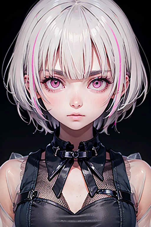 Silver-haired woman、Fair skin、short hair、Light pink mesh、Pale pink eyes、Expressionless、（Highest quality）