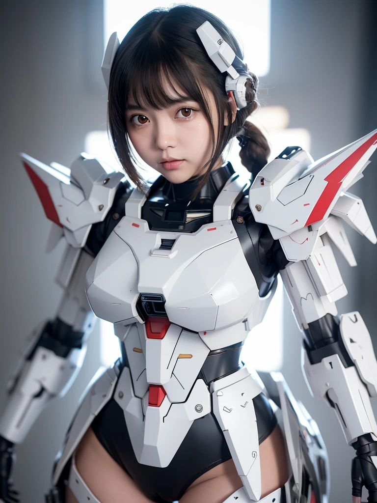 (highest quality)), ((masterpiece)), (very detailed: 1.3), 3d, {(japanese young girl)}, ((wears a futuristic Gundam mecha)),(Gundam), with headgear, with v-fin , ((unarmored cleavage)), ((unarmored stomach)), ((unarmored upper arms)), ((unarmored face)), (unarmored hands), (unarmored waist), ((unarmored thighs)), (unarmored ankles), japanese girl wear light blue and white striped pantie under armor, multilayer textureperfect proportions, octane rendering, duotone lighting, Low ISO, wide aperture, White balance, Rule of thirds, ultra HD16k, HDR (High Dynamic Range), Ray Tracing, nvidia RTX, Super Resolution, Subsurface Scattering, PBR Texturing, Post Processing, Anisotropic Filtering, Depth of Field, Maximum Clarity and Clarity, High efficiency subpixel, subpixel convolution, particles of light, light scattered, Tyndall effect, full body:1.5, battle pose, cute, (cute:1.2), (bob cut:1.3),Braid, Black Hair, Thick eyebrows, Light-colored irises, Big, bright black eyes, Long eyelashes, Small, light-colored, natural lips, (Average face of Japanese idols), (The uniquely Japanese childlike face:1.3), (baby face), Wide forehead:1.2, Plump Cheeks, Small jaw, open legs, spread feet, visible side boob, (Mecha Wing), (have gundam style weapon:1.2), Has a large shield, asymmetric body,destroyed city background,looking at viewer,Focus on the eyes,with sleek and menacing design,