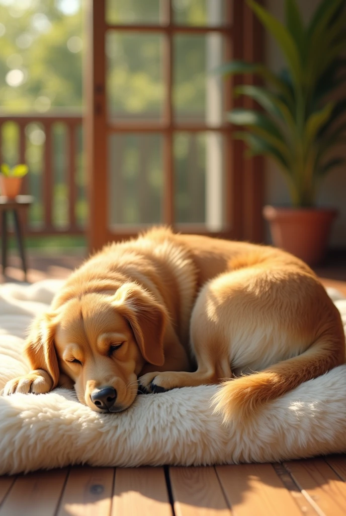 Golden Retriever、Are sleeping、Realistic fur、Fluffy futon、Realistic、raw、Photorealistic、Super detailed、high resolution、high quality、High resolution、Veranda、One、