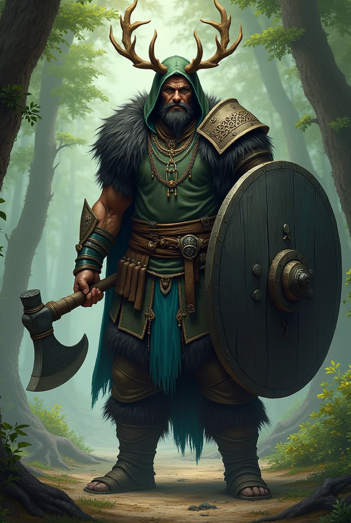 Create me a character for Dungeons and Dragons, a person in the role of a shaman. The character is 30 years, large, not quite as muscular, with a coat and a hood with deer antlers on the hood. No beard and a young face. In his hand an axe. Als Rüstung trägt er largee Schulter Platten aus Schwarzem Holz. Dazu ein largeer Schild in der linken Hand. With a dark green leather armor. On the chest a light blue stripe . A forest in the background.