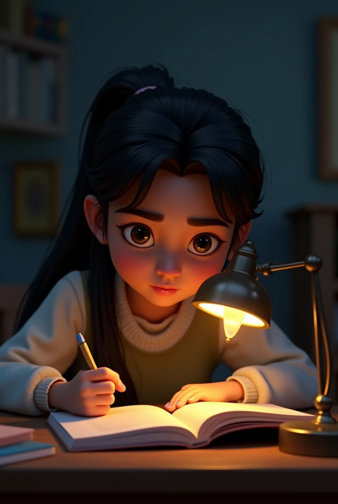 In 3d animation style "Sumana studying late into the night with a dim lamp illuminating her face."