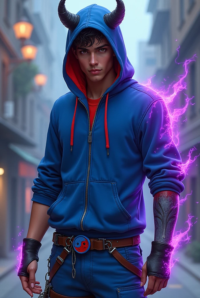 Boy age 20, latin, brown eyes, deep and cute eyes, royal blue hoodie, the hoodie hood is red into, royal blue cargo pants, only right demon arm on black horns, only right arm on violet flames, cyberpunk japanese style, belt with a blue and red ying yang, chains around the belt, athletic, magic powers, action, cunning look, leather brown boots with metal pins, black cat nails, hero pose, black hair