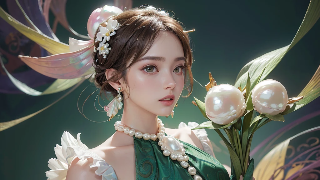 32K, 最高quality, 最高masterpiece, (ultra-Detailed Background, Detailed Background), High resolution, Super detailed, Very detailedな, 1 personの, (bouquet:1.3), (Tangled:1.2), (Geometric:1.2),(colorful),(masterpiece, quality, best quality, Official Art, Beautiful and beautiful:1.2), (1 person:1.3), Very detailed,(colorful:1.1)(Flowers:1.3),Most detailed,(Tangled:1.2), whole body, (Abstract background:1.3), (Skin glows), (Many colors:1.4), ,(Earrings Pearl:1.5), Pale yellow-green background, It's imaginative., Brunette Hair, Updo, Holding a book, Holding a pen, Satin shirt