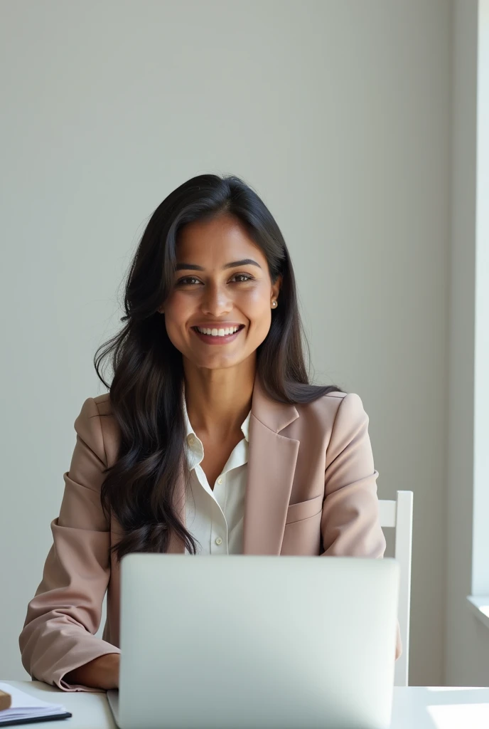 a indian female friendly looking business character in a (Dress code). Sitting behind his laptop in his studio, arms on his desk. It is (Day or Night). The room is minimalistic. Front facing to the camera, looking straight and centered, central portrait, sitting straight, front view, centered looking straight.