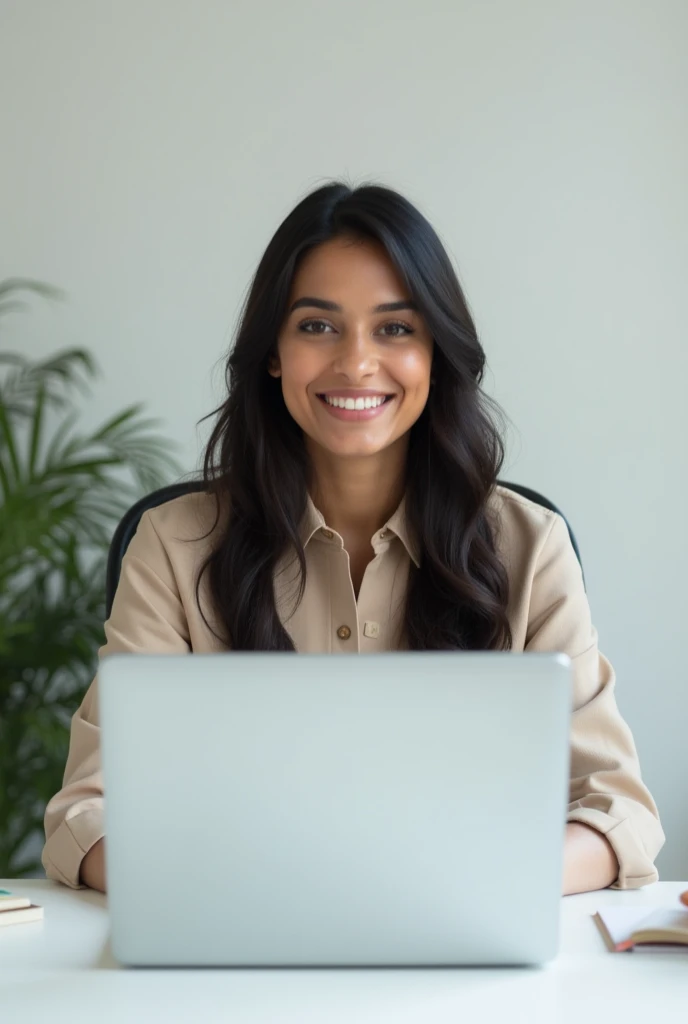 a indian female friendly looking business character in a (Dress code). Sitting behind his laptop in his studio, arms on his desk. It is (Day or Night). The room is minimalistic. Front facing to the camera, looking straight and centered, central portrait, sitting straight, front view, centered looking straight.