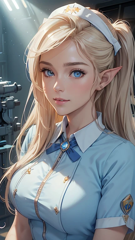 masterpiece, Highest quality, Highly detailed CG Unity 8K wallpapers,((Upper body portrait)), ((Spacecraft infirmary)), (Long pointy ears), Elegant long wavy platinum blonde hair, ((Average Chest Circumference, Self-illuminating skin)), ((Light blue nurse uniform on white background, Troop badge)), White skin, (blush), , (A kind smile), cute, Symmetrical face, fine grain, Key Art, Awards, intricate detail realism hdr, Photorealism, Hyperrealism, Ultra-realistic, Dramatic Light, Nice views, Written boundary depth