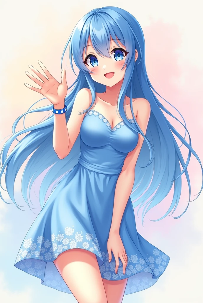 anime girl looks like she's , Her name is Marianita, with blue dress, and a blue bracelet, He is waving at the camera