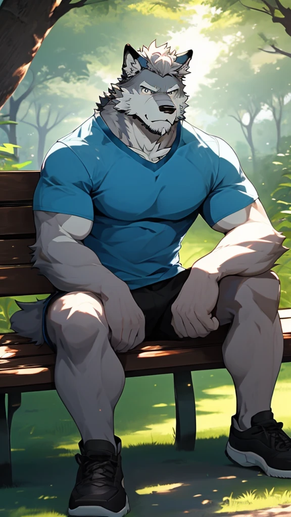 A Picture In front of A Very Muscular Furry Gray Wolf. He is Sitting On A Bench in A Park Forest. He is wearing A Blue short and white and Blue Sleeve T-Shirt. He have A Frowning Face. His head is looking at you. He have A Gray messy hair