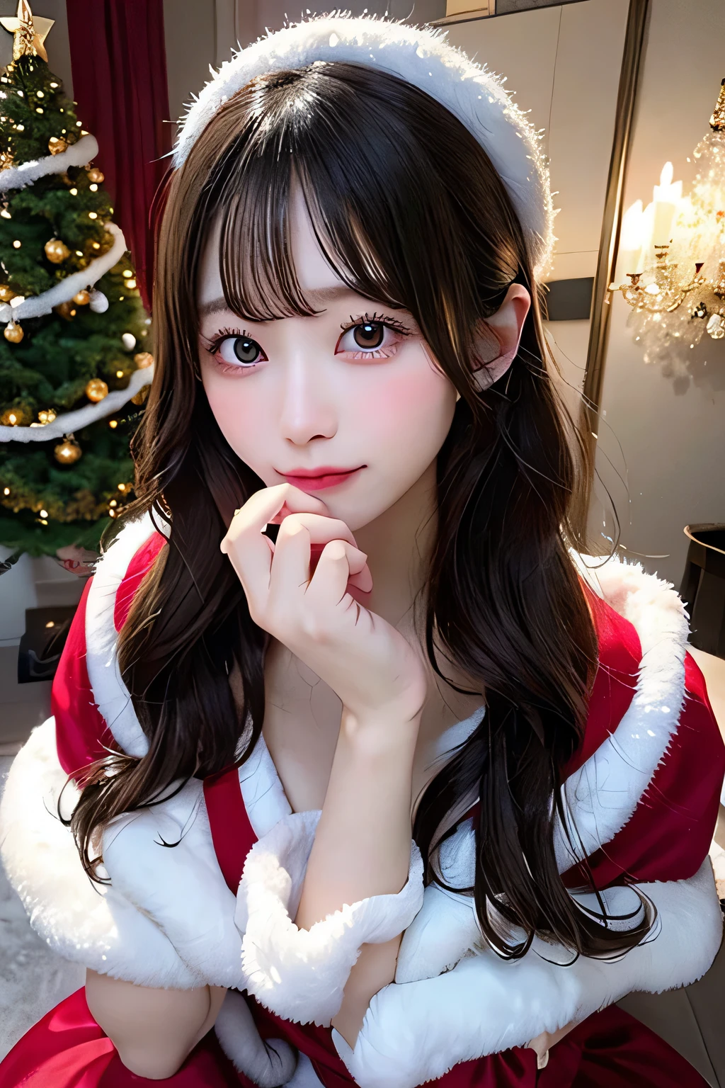 fluffy and soft、Gorgeous fluffy Santa Claus dress、Beautiful and sophisticated eyes、Beautiful and exquisite lips、Very sophisticatedな顔と体、Intricate details、Christmas、holiday、warm、comfortable、cute、Adorable、Whimsical、Fantasy、Very sophisticated、8k、Photorealistic、masterpiece、Dramatic lighting、Volumetric lighting、Magical、Brilliant、Elegant、Rich colors、Jewel Tones、Full body portrait