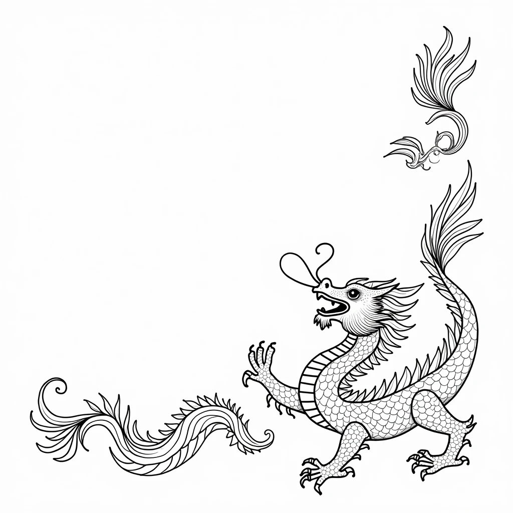 Coloring Book , Thin black line , White background, Simple style , Chinese traditional animal patterns