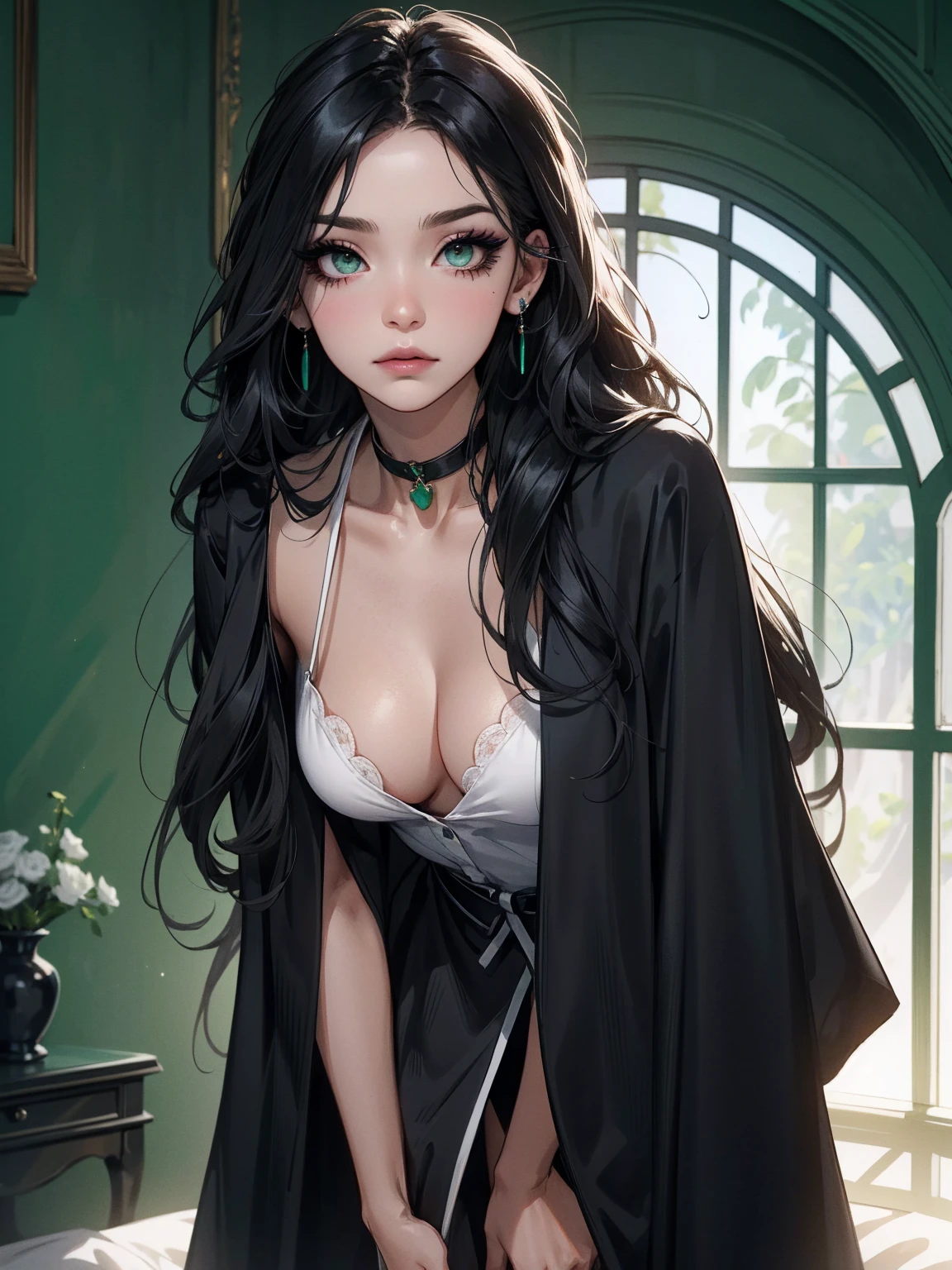 emo_hairstyle, (piercings), (black necktie), ((long hair)), ((straight hair)), (((black hair))), side swept bangs, white skin, pale, white, (green eye), tired expression, choker, ((dark makeup, mascara, eyeshadow)), multiple piercings, best quality, 8k, dark laboratory, dim lighting, white shirt, erotic, slytherin, black and white robes, (small breasts, cleavage, strap gap, leaning forward, hanging breasts), hogwarts robes. (((small breasts)))