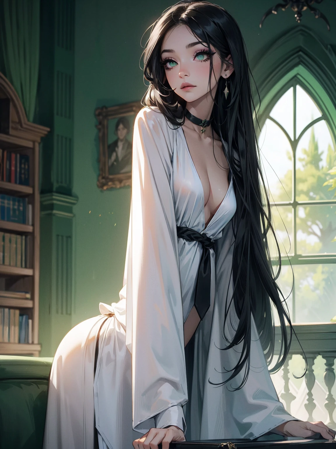 emo_hairstyle, (piercings), (black necktie), ((long hair)), ((straight hair)), (((black hair))), side swept bangs, white skin, pale, white, (green eye), tired expression, choker, ((dark makeup, mascara, eyeshadow)), multiple piercings, best quality, 8k, dark laboratory, dim lighting, white shirt, erotic, slytherin, black and white robes, (small breasts, cleavage, strap gap, leaning forward, hanging breasts), hogwarts robes. (((small breasts)))