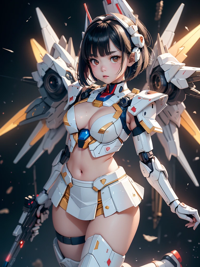 (highest quality)), ((masterpiece)), (very detailed: 1.3), 3d, {(japanese young girl)}, ((wears a futuristic Gundam mecha)),(Gundam), with headgear, with v-fin , ((unarmored cleavage)), ((unarmored stomach)), ((unarmored upper arms)), ((unarmored face)), (unarmored hands), (unarmored waist), ((unarmored thighs)), (unarmored ankles), japanese girl wear light blue and white striped pantie under armor, multilayer textureperfect proportions, octane rendering, duotone lighting, Low ISO, wide aperture, White balance, Rule of thirds, ultra HD16k, HDR (High Dynamic Range), Ray Tracing, nvidia RTX, Super Resolution, Subsurface Scattering, PBR Texturing, Post Processing, Anisotropic Filtering, Depth of Field, Maximum Clarity and Clarity, High efficiency subpixel, subpixel convolution, particles of light, light scattered, Tyndall effect, full body:1.5, battle pose, cute, (cute:1.2), (bob cut:1.3),Braid, Black Hair, Thick eyebrows, Light-colored irises, Big, bright black eyes, Long eyelashes, Small, light-colored, natural lips, (Average face of Japanese idols), (The uniquely Japanese childlike face:1.3), (baby face), Wide forehead:1.2, Plump Cheeks, Small jaw, open legs, spread feet, visible side boob, (Mecha Wing), (have gundam style weapon:1.2), Has a large shield, asymmetric body,destroyed city background,looking at viewer,Focus on the eyes,with sleek and menacing design,
