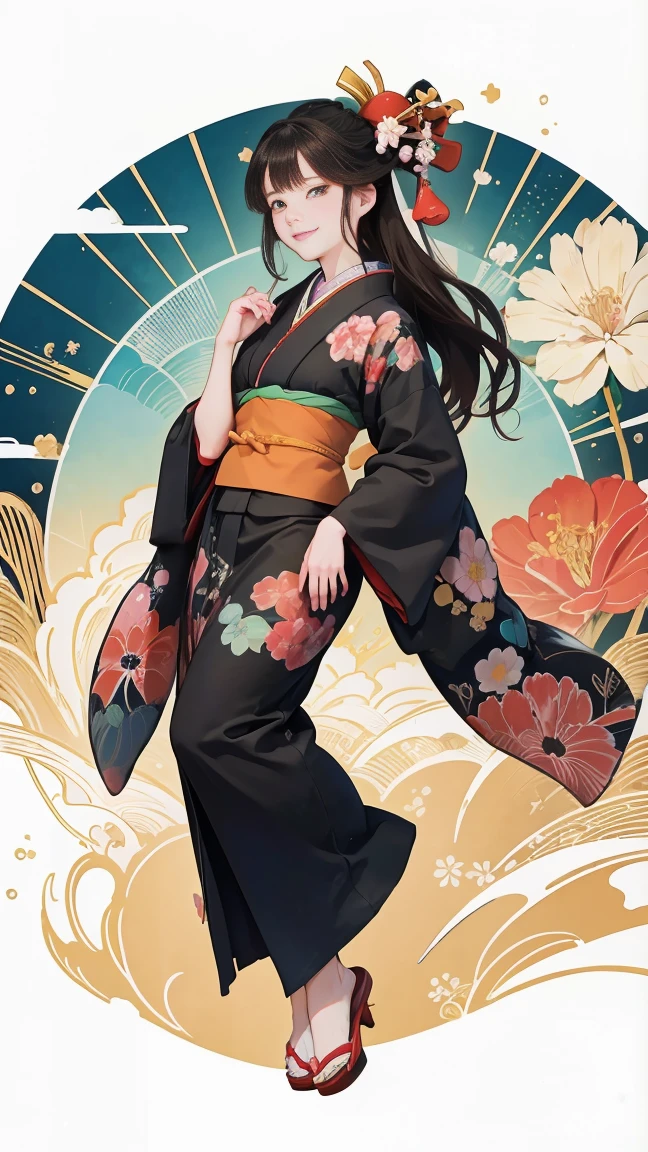 (SeaArt creates stunning illustrations of beautiful women in kimono)、Vividly colored Japanese Ukiyo-e style illustrations、A beautiful woman smiles and shows her upper white teeth、Brown-black long hair、Beautiful full body style、Let's dance a little Tokyo Ondo Yoiyoi、Beautiful new digital paintings,、Bright vibrant digital anime art、 Beautiful anime portraits、background、Torii gate of the Japan shrine、 Detailed digital anime art、