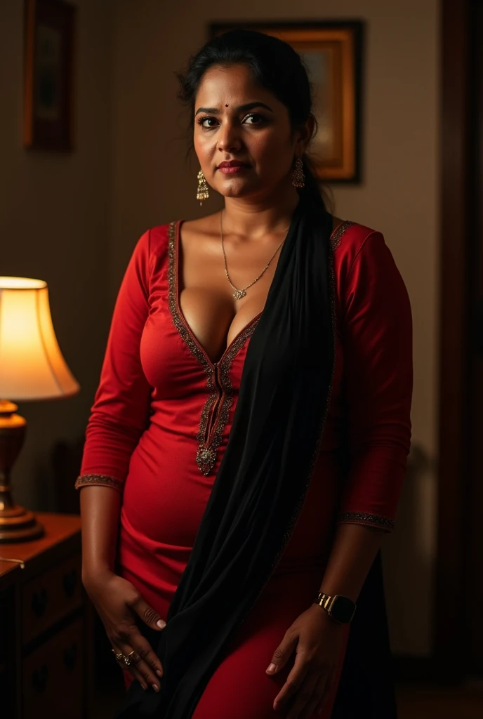 photo of Mature Indian Aunty with dusky skin, wearing tight Red Kurti and Black stole around her throat, showing her large U cut Cleavage, Hair Tied behind,Dim Night light in the room.