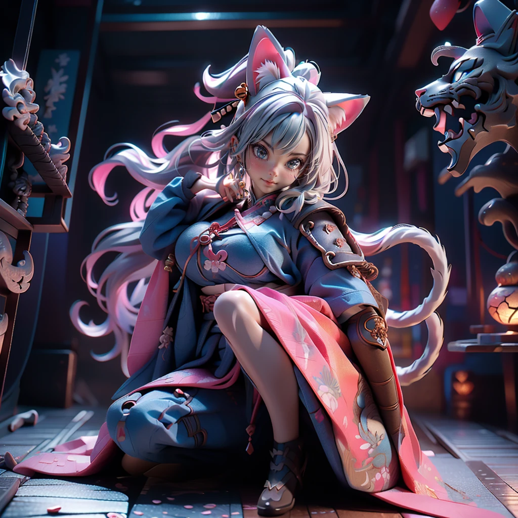 Moisturized Skin, (blue eyes), Realistic body, (Adult female body), Energetic, 3DCG, front, Pink lipstick, (Silver Hair), ((Cat ear)), Beautiful Hair, Long Hair, ponytail, (((Samurai Armor: 1.3))), ((masterpiece + Highest quality + High resolution + Very detailedな)), (whole body: 1.2), Raise your right knee, A fine Japanese sword on his waist, Perfect fingers, Perfect limbs, Depiction from above, Anatomically correct, Textured skin, Very detailed,