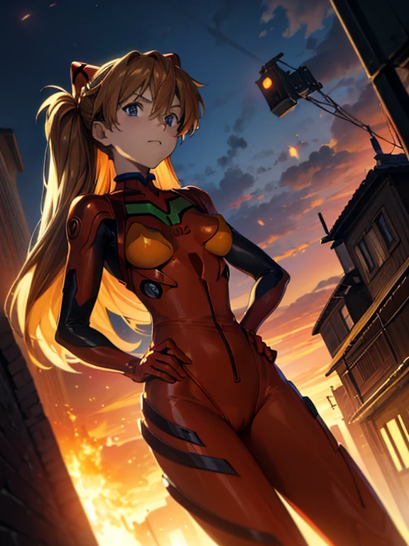 Tilt-shift photography, Tilt-shift lenses, Miniature diorama style town, Standing with hands on hips and legs apart in a miniature diorama-style town, ultra-detailed, illustration, super cute, Beautiful Face, Beautiful body, ((souryuu asuka langley, interface headset, red bodysuit:1.4, Orange-brown hair)), glowing eyes, Sparkling Eyes, (beautiful and detailed eyes:1.1), whole body, Front blur, The background is Burning phoenix, [[delicate fingers and hands:0.55]::0.85],(detail fingers), (Toon Shader Rendering), ((masterpiece, best quality, high resolution))