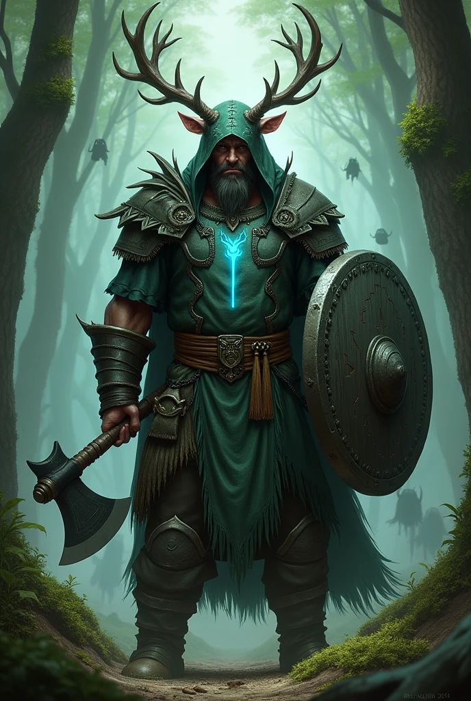 Create me a character for Dungeons and Dragons, a person in the role of a shaman. The character is 30 years, large, not quite as muscular, with a coat and a hood with deer antlers on the hood. No beard and a young face. In his hand an axe. Als Rüstung trägt er largee Schulter Platten aus Schwarzem Holz. Dazu ein largeer Schild in der linken Hand. With a dark green leather armor. On the chest a light blue stripe . A forest in the background. And some ghosts floating there.
