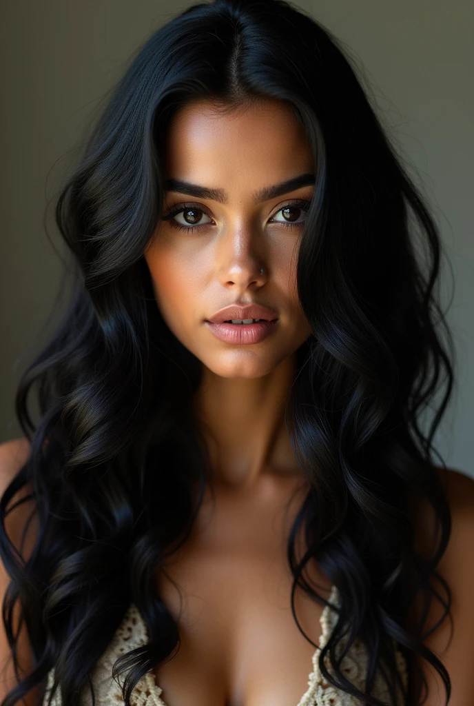 Woman with long, abundant hair, black wavy , of hindu beauty, large, expressive black eyes, long nose small mouth, Oval face, with hair to one side in a photo pose, salmon colored lips