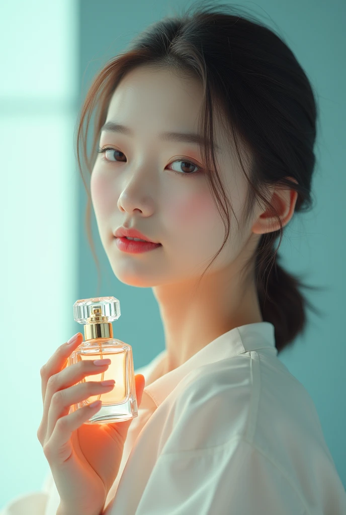 One Chinese holds a perfume bottle in one hand，Place it next to your face，Take a photo of the razor brand，ad campaign，H3H3，Taoist，shot of，beauty retouch，Cool and bright tones，Dua Lipa，Official Product Pictures，inspired by Luo Ping，Clean face and body skin