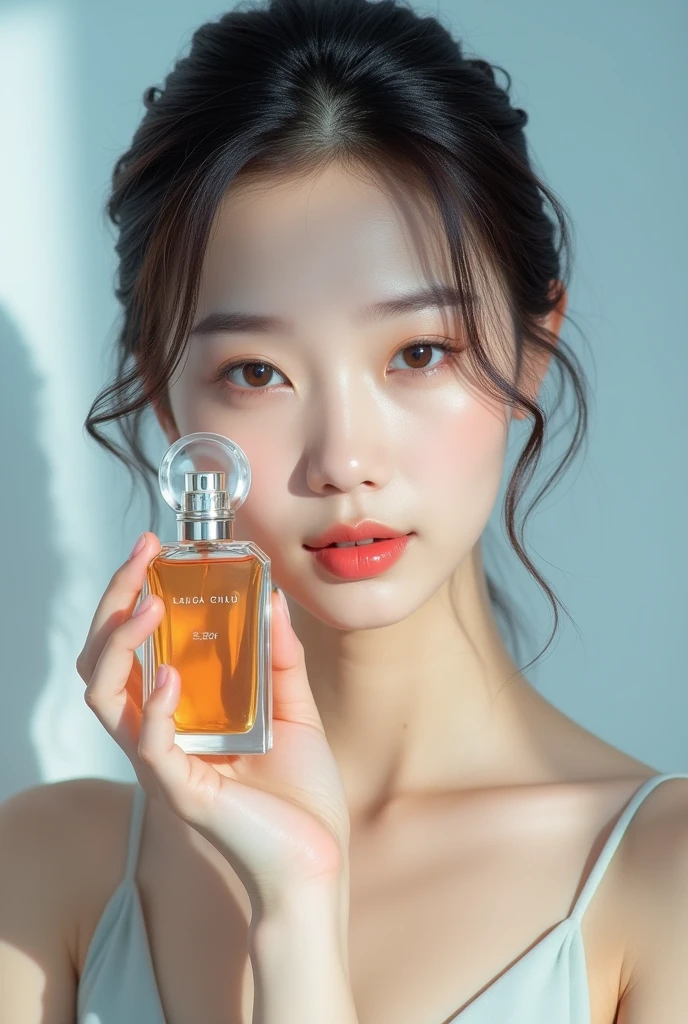 One Chinese holds a perfume bottle in one hand，Place it next to your face，Take a photo of the razor brand，ad campaign，H3H3，Taoist，shot of，beauty retouch，Cool and bright tones，Dua Lipa，Official Product Pictures，inspired by Luo Ping，Clean face and body skin