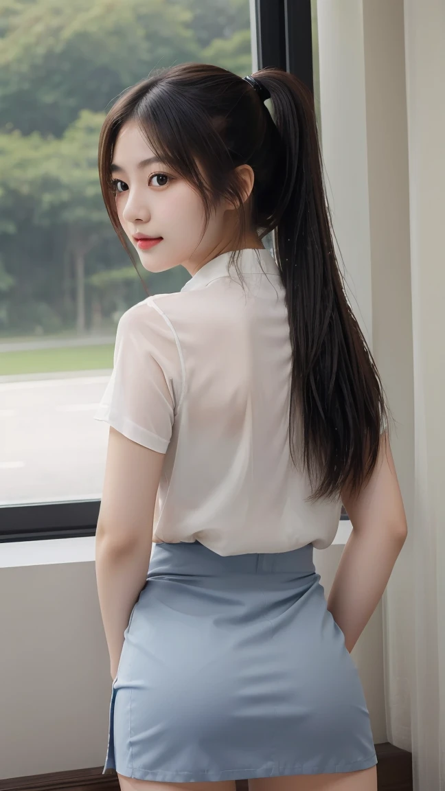 (masterpiece,highest quality,超A high resolution),japanese woman, (((Very beautiful 2 girl))), pretty girl、look at the photographer、 ((beautiful low ponytail)), super cute face, glossy lips, double eyelids in both eyes,natural smile、 natural makeup, long eyelashes, Shiny and smooth hair、center image, perfect limbs, perfect anatomy,(((Tight Skirt)))、(((turn around and look back)),wet with sweat,