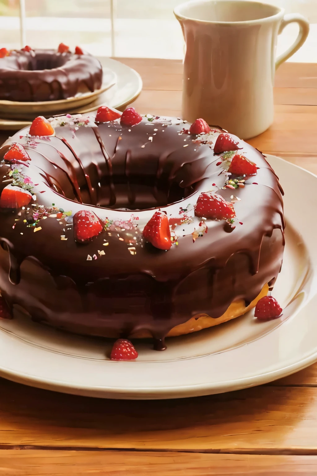 a singular donut with strawberry glaze and chocolate drizzle on a plate, on a wooden table in the afternoon sun. There is a cup of english tea on the side. no people in the picture.