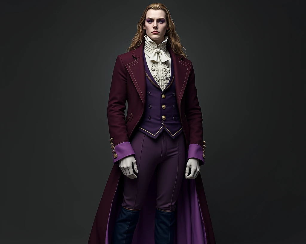 Pale and tall man, Appears to be 30-3.long light brown hair with golden highlights, Thin gray-blue eyes with dark purple eyeshadow and noticeably high cheekbones. His clothes are in Victorian style, old, Long dark burgundy jacket with lavender lining and gold pins on the folded cuffs. Under his jacket he has a purple vest over a white ruffled shirt, Wearing classic purple trousers, In dark blue knee-high boots and gloves of the same color.