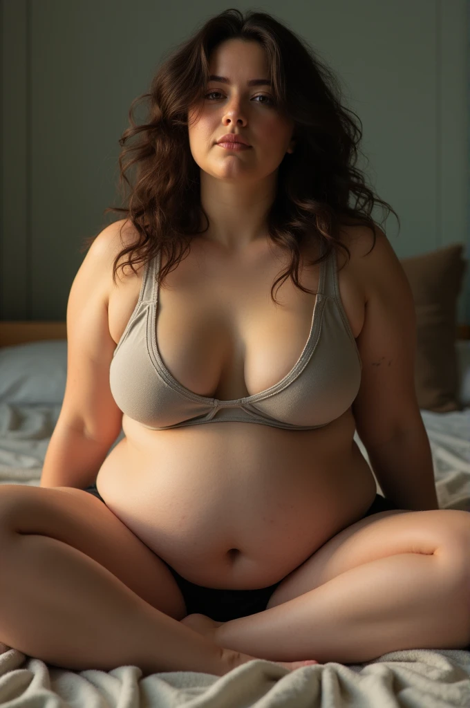 A brunette girl with curly hair and big breasts sits with her legs stretched out, taking a realistic photo