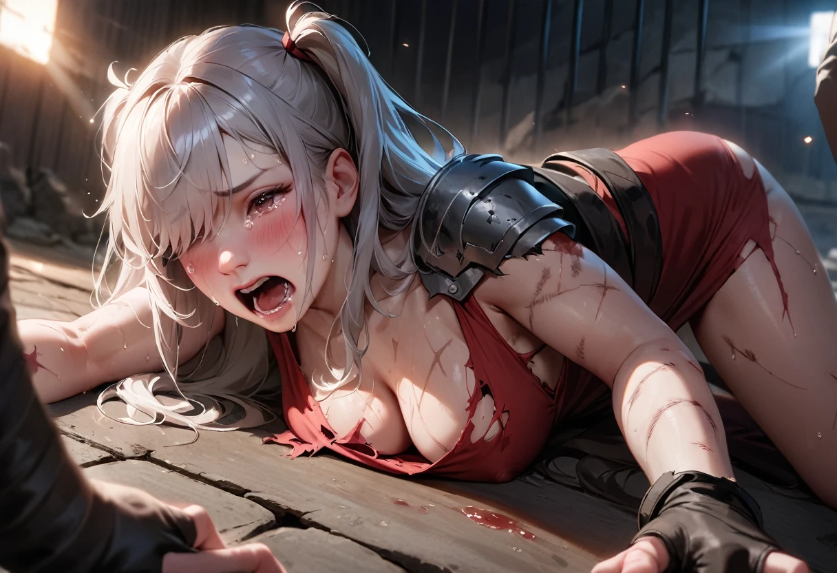 (best quality), (masterpiece), very aesthetic, absurdres, high res, all detailed, realistic, 1girl, (two side up), long hair, silver hair, (one side shoulders armor:1.2) Cape, (red pencil Dress, red pencil miniskirt), medium cleavage, [black thigh-highs], [white panties], Broken Armor, (injury skin, scar skin, bleeding skin, torn clothes:1.1), BREAK NSFW, lying on stomach, spreading hands, (Close one eye), crying, tears, open mouth, sigh, blush, sweat, (outdoors, prison), shockwave, cinematic lighting, diffraction spikes, three quarter view, (form side),