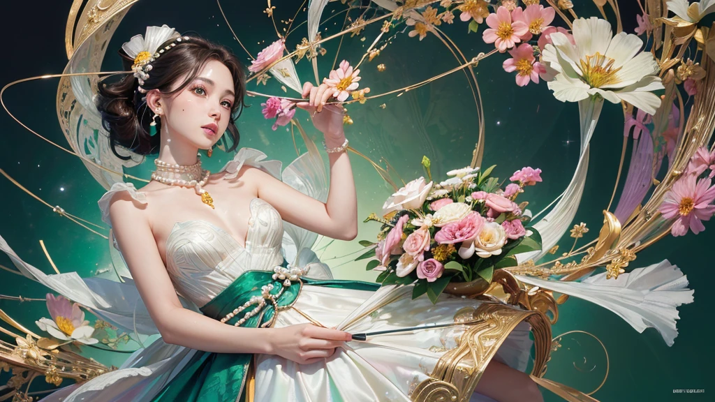 32K, 最高quality, 最高masterpiece, (ultra-Detailed Background, Detailed Background), High resolution, Super detailed, Very detailedな, 1 personの, (bouquet:1.3), (Tangled:1.2), (Geometric:1.2),(colorful),(masterpiece, quality, best quality, Official Art, Beautiful and beautiful:1.2), (1 person:1.3), Very detailed,(colorful:1.1)(Flowers:1.3),Most detailed,(Tangled:1.2), whole body, (Abstract background:1.3), (Skin glows), (Many colors:1.4), ,(Earrings Pearl:1.5), Emerald green pale background, It's imaginative., Brunette Hair, Updo, Holding a book, Holding a pen,