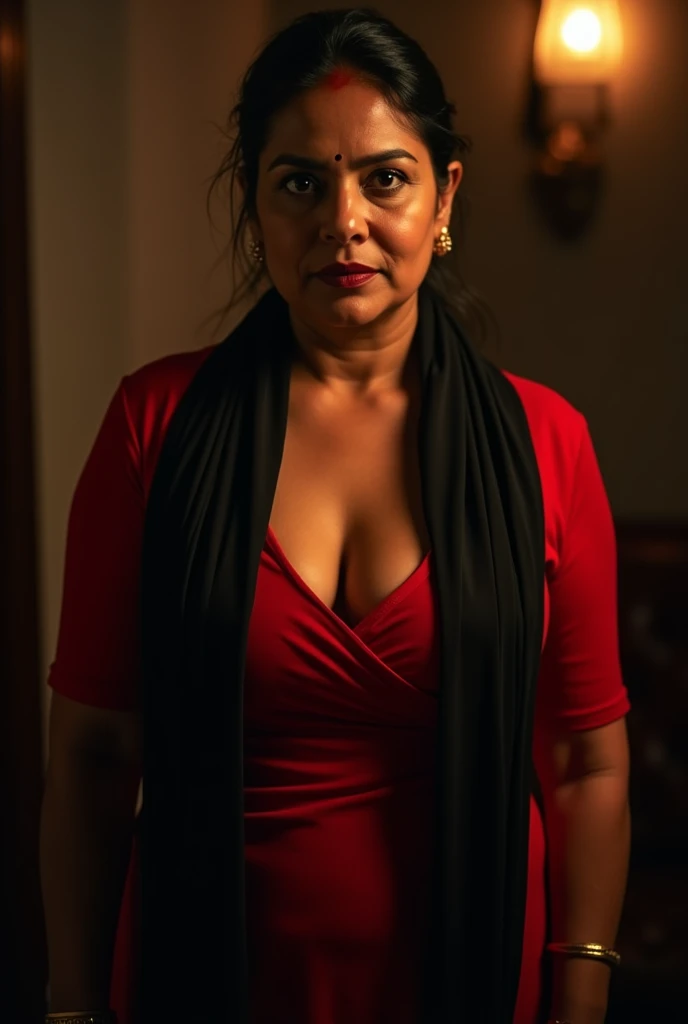 photo of Mature Indian Aunty with dusky skin, wearing tight Red Kurti and Black stole around her throat, showing her large U cut Cleavage, Hair Tied behind,Dim Night light in the room.