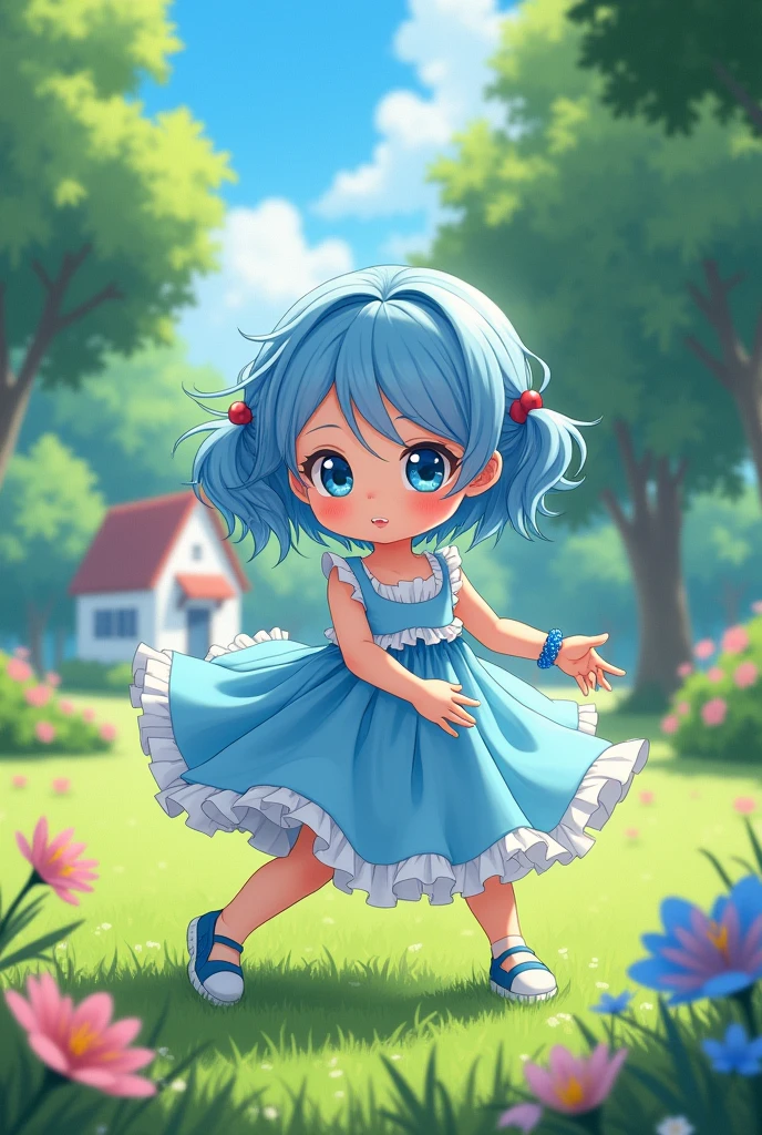 anime girl looks like she&#39;s , Her name is Marianita, with blue dress, and a blue bracelet, Now he is playing in a park behind a white house