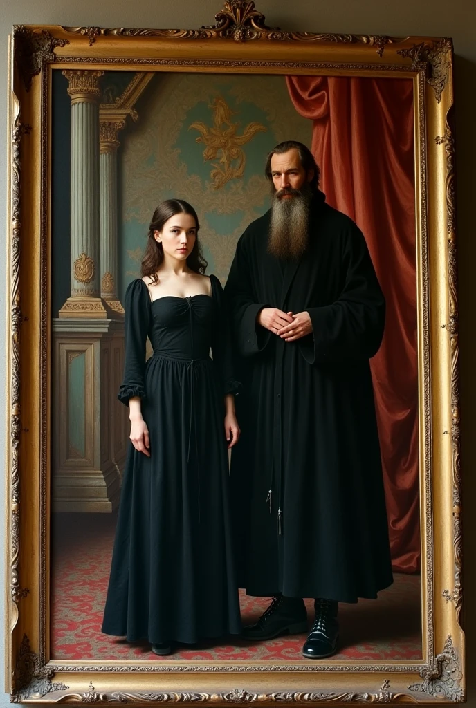 A Renaissance painting hanging on the wall in the middle of a young woman dressed in black and a man similar to Rasputin from King&#39;s Man Origins