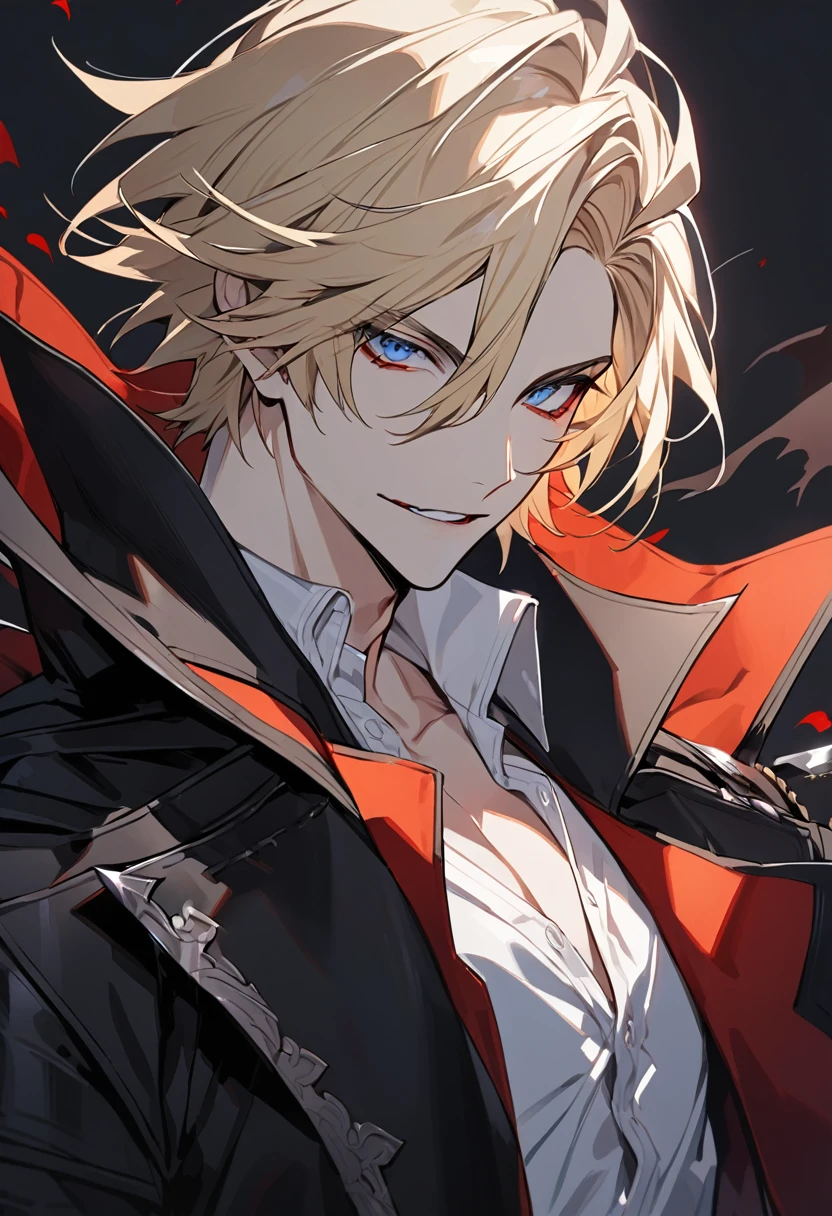 solo, handsome, 1 male, short hair, blond hair, blue eyes, white shirt, black coat, vampire hunter