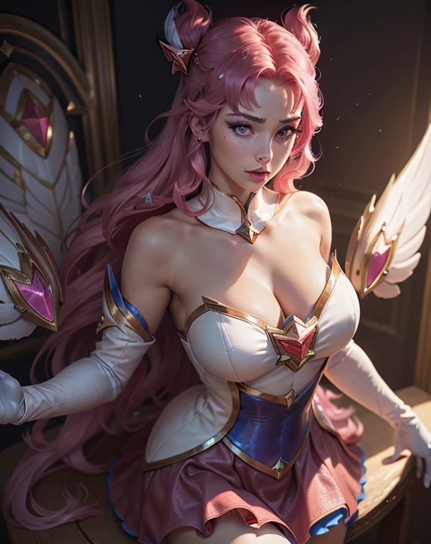 star guardian (league of legends), long hair, wings, skirt, gloves, white gloves, elbow gloves, bare shoulders, bangs, huge breasts, magical girl, purple skirt, pink hair, very long hair, magic, red hair, purple eyes, hair ornament, modelshoot style, realistic, masterpiece, absurd, best quality, HDR, high quality, highest resolution, Environmental luxury room