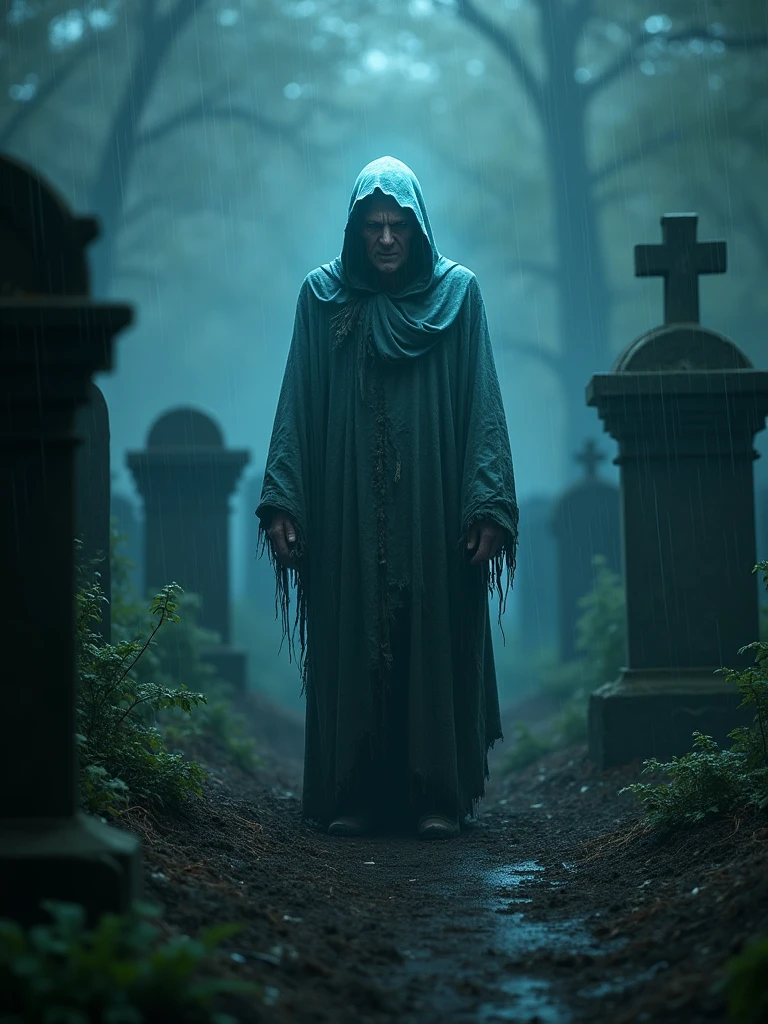 amazone in a cemetery with realistic bioluminescence. The ghost wears a damaged costume covered in mud, Under a fine rain. The expression on his face mixes anger and satisfaction, adding depth to the scene. The cemetery in the background is dark and mysterious, with spinning transparent silk threads. The entire image is rendered in 32K with intricate detail and cinematic quality