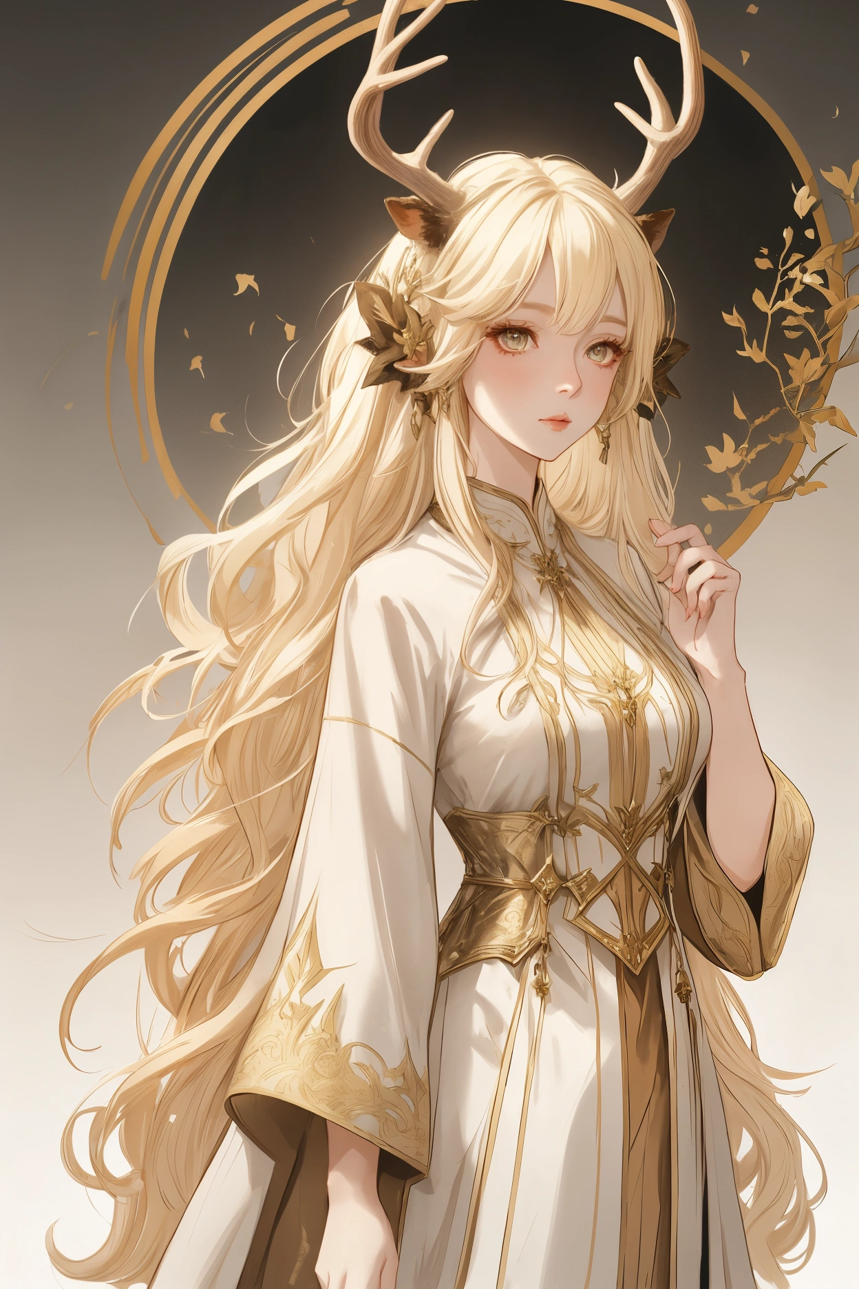 Mature woman, solo female, deer ears, deer girl, deer horns, covered ears, blonde hair, long hair, hazel eyes, pale skin, fantasy clothing, top quality, ultra definition, Illustration, high resolution, fantasy background