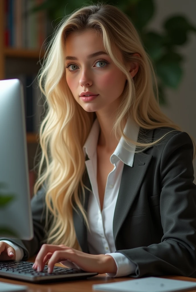 une belle fille aux longs cheveux blonds, detailed eyes, nose, and lips, porter une tenue professionnelle, assise dans son bureau, en utilisant son ordinateur, ordinateur HP (best quality,4K,8k,high resolution,head of'artwork:1.2),ultra-detailed,(realistic,photorealistic,photo-realistic:1.37),HDR,studio lighting,Highly detailed face and body, portrait,Cinematic lighting,Dramatic lighting,warm color tones,couleurs dramatiques