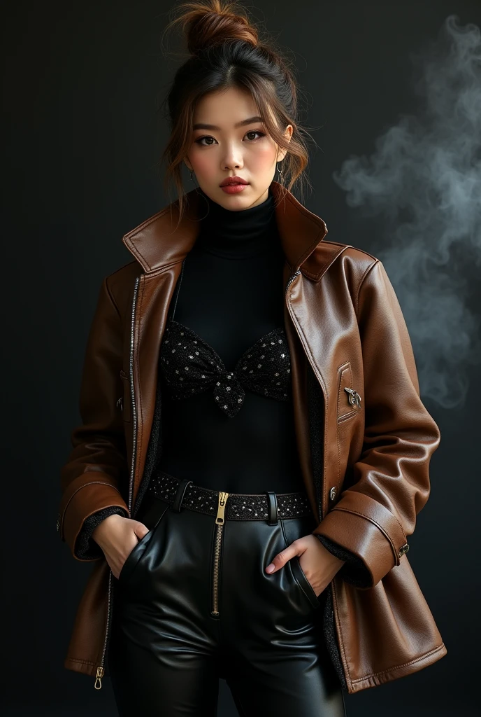beautiful tanned japanese woman,wearing a designer jacket using expensive materials, from brownish black buffalo leather, with a Gucci motif inner lining accent, and a hoodie with a green, red and gold floral pattern. and black sequin fabric turtle neck top tucked inside latex pants, gold zipper, thick eyebrows, photorealistic, masterpiece, moncler, messy bun highlighted brown hair, open coat, lips pouting, pouts, void black background with smokes and nice lighting