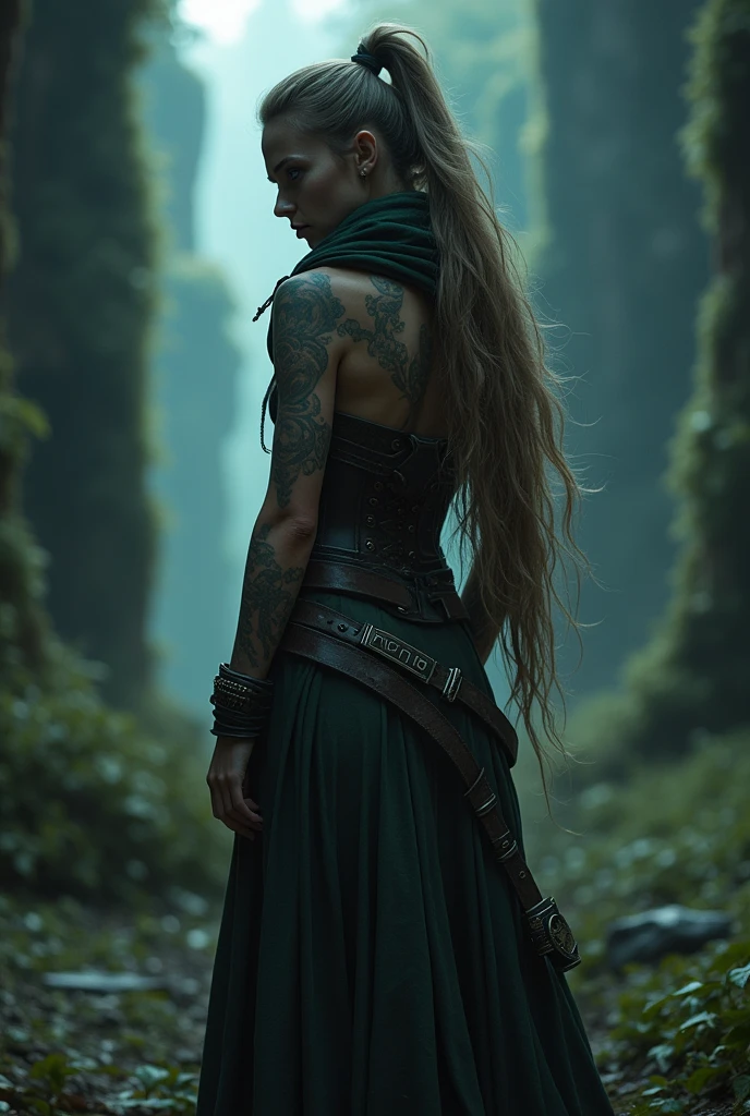 night, very dimly lit, highly detailed, intricate, random view angle, skinny female warrior, extensively tattooed, confidence, asserted, lost in thoughts, exhausted, disappointed, fantasy futuristic mixed setting, extremely long voluminous hair, extremely long voluminous ponytail, long scarf, warriors corset, low-rise flowing maxi skirts, very strong wind, old abandoned overgrown ruins, movie poster