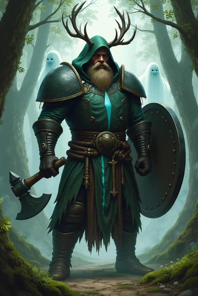 Create me a character for Dungeons and Dragons, a person in the role of a shaman. The character is 30 years, large, not quite as muscular, with a coat and a hood with deer antlers on the hood. No beard and a young face. In his hand an axe. Als Rüstung trägt er largee Schulter Platten aus Schwarzem Holz. Dazu ein largeer Schild in der linken Hand. With a dark green leather armor. On the chest a light blue stripe . A forest in the background. And some ghosts floating there.