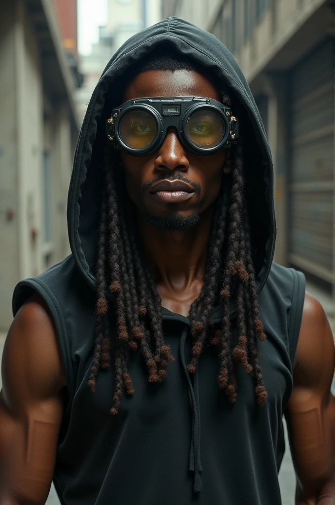 Guy sleeveless hoodie wearing googles African American long black hair 
