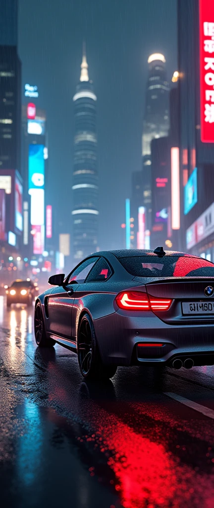 bmw m4 coupe on the sanghai road at night and rain 