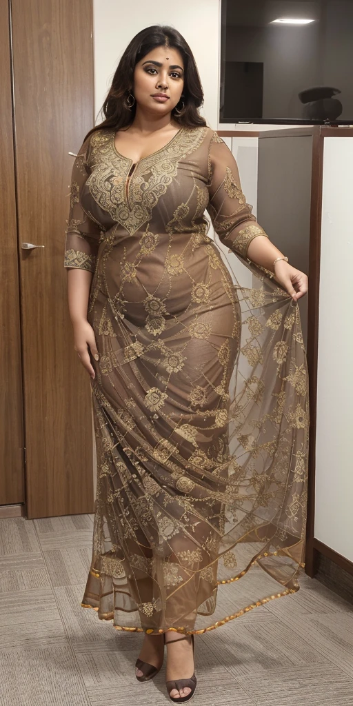 Day scene, A radiant, full-figured South Indian 3 aunty a brown colour chiffon fully transparent kurta, bra visible through kurta, ,standing, in a office captured in a full-body image with vibrant hues and meticulous details. Full body image