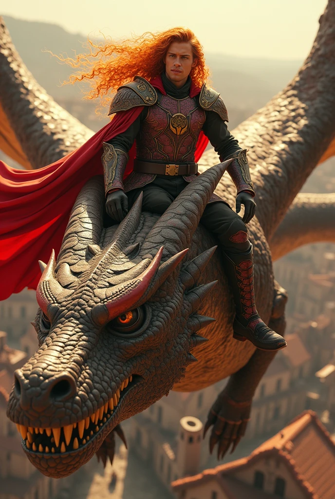 (photorealism:1.2), handsome man, flying on a huge dragon. Only the dragon's head is twice the size of the man's body.., dressed in intricately detailed, ruby-encrusted armor and worn, Long curly orange hair waving in the wind, orange eyebrown, amber eyes, Sun light, Rooftops of a medieval town in the background, euphoric pose, realist, intricate details, warm colors, warm skin.